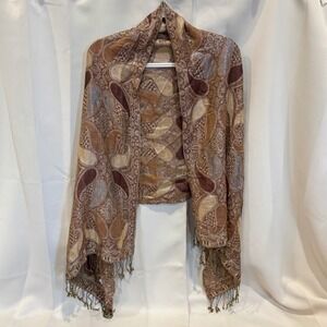 Pashmina‎ Silk Blend Paisley Scarf Wrap Shawl Brown Gold Metallic Fringe 19375